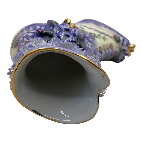 Vintage Inspired Ceramic Lace Ruffle Vivid Violet Flowers Boot Limoges - Picture 10 of 10